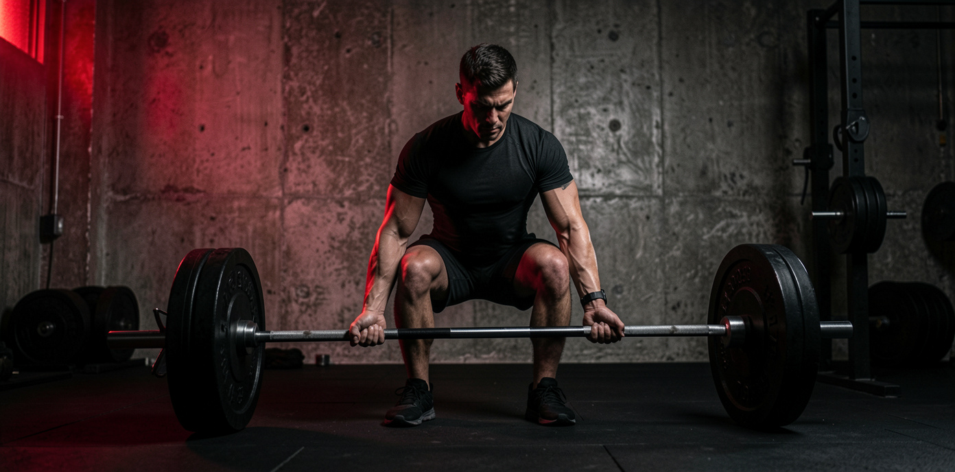Athlete lifting heavy barbell in dark industrial gym